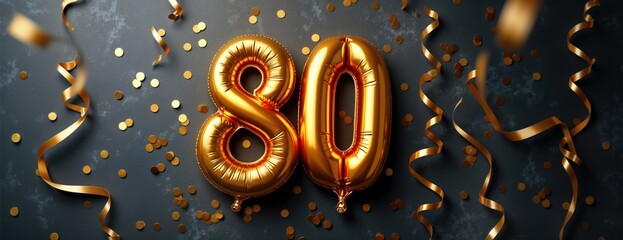 Anniversary celebration. Gold foil balloon number eighty. Golden ribbons and confetti on a black concrete background. Festive decor for an 80th jubilee. Celebrating a special occasion.