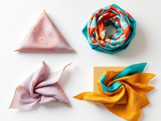 Collection of colorful silk scarves with various patterns and folds on a white background
