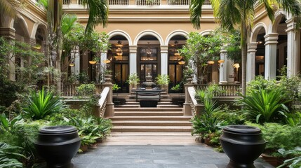 Naklejka premium Luxurious Courtyard Garden With Stone Steps And Fountain