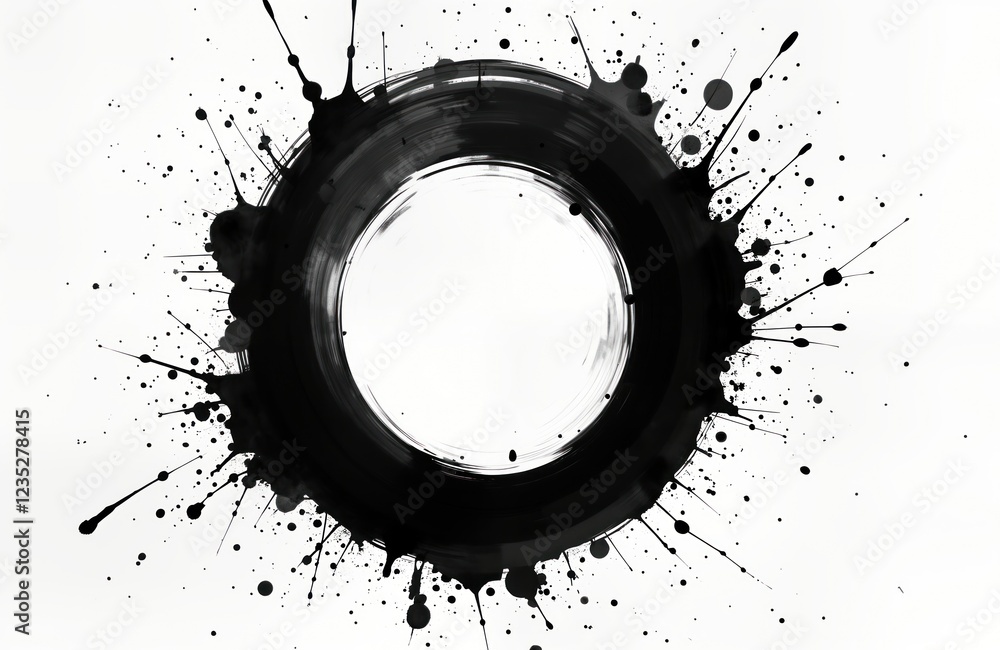 Poster Abstract black ink circle with splashes, drips on white background. Japanese style generative AI art. Ink paint splatter pattern. Black paint isolated on white background. Grunge design with ink