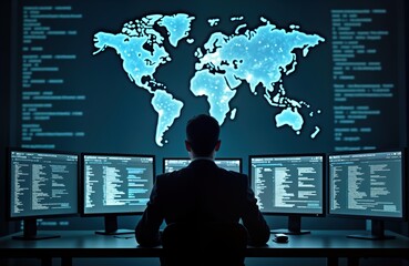 Man in dark room. Tech specialist works at multiple computer screens. Global map data displayed. Focus on tech security. Futuristic office environment with advanced tech. Monitoring global data