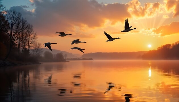 Wild geese fly in V-formation over calm lake at sunset. Autumn colors paint sky, landscape. Birds symbolize migration south. Beautiful nature scene. Tranquil lake reflects golden light of setting