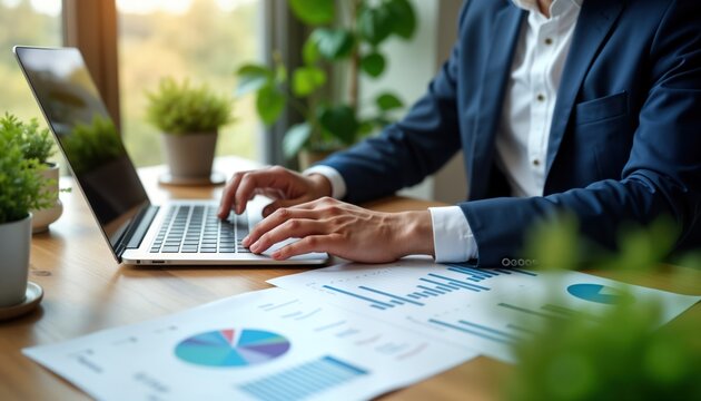 Businessperson analyzes financial documents on laptop. ESG consultant reviews green investment portfolios in modern office. Financial advisor examines eco-friendly investments. Person uses tech to