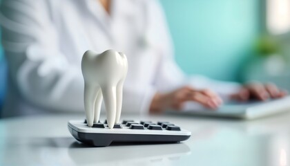 Dental model sits atop calculator in dental office. Dentist dental assistant likely calculates cost of dental treatment. Dental care finances, payment methods clear focus. Bright lighting highlights