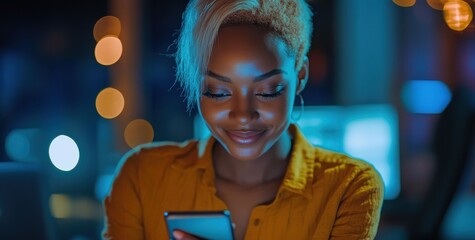 Young woman enjoying smartphone in a softly lit urban night setting