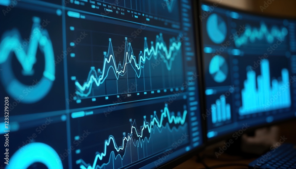 Poster modern data analytics dashboard displays financial monitoring, tech progress. multiple computer scre