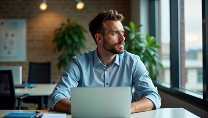 Man sits at desk in office. Looks thoughtful working on laptop. Quiet, focused environment. Possible virtual team meeting. Office tech use. Businessman working. Collaboration key. Modern workplace
