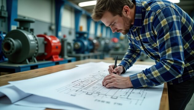 Engineer meticulously examines blueprints for pumping station project. Focused on system design, probably pump, valve manufacturer employee. Industrial machinery, components visible in background.