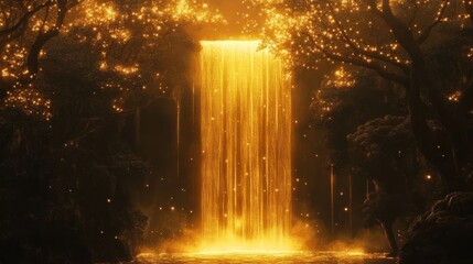 Golden Waterfall Enchanted Forest Night Scene