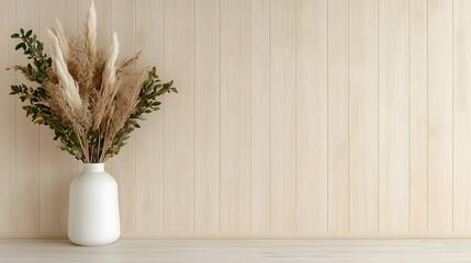 Fototapeta premium White ceramic vase filled with dried pampas grass and green leaves stands on a wooden table against a light wood paneled wall.