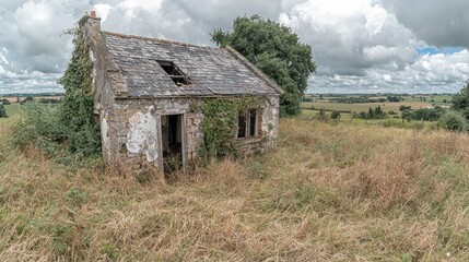 Obraz premium Overgrown derelict cottage in rural field, cloudy sky