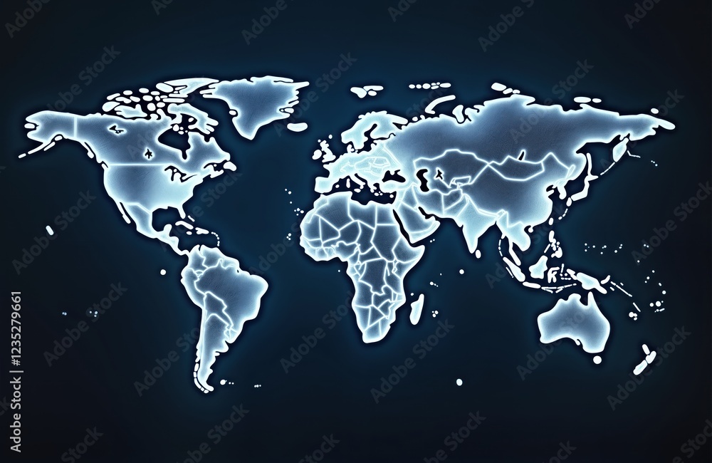 Aufkleber Global network visualization map glowing digitally. World map with highlighted countries. Digital display shows global connections. Modern graphic design concept for tech. International