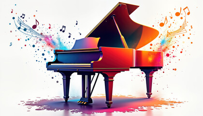 Colorful grand piano illustration with vibrant colors, music notes. Piano positioned on white background. Music notes fly around in vibrant colors. Looks like design for musical event poster card.