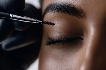 Close-up of a beauty professional applying eyebrow makeup with precision, highlighting elegance, cosmetics, and self-care