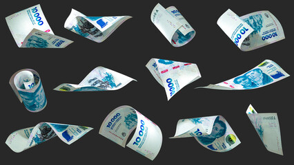 3D rendering of10000 Argentinian peso notes flying in different angles and orientations isolated on dark background