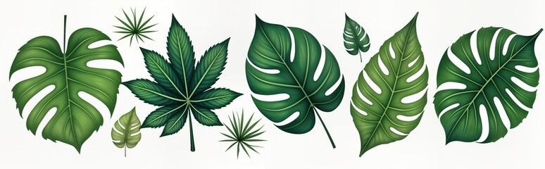Tropical leaves collection on white background. Variety of green palm leaves, monstera leaves. Ideal for decoration graphic design projects. Exotic, natural theme. Freshness, beauty of nature. Design
