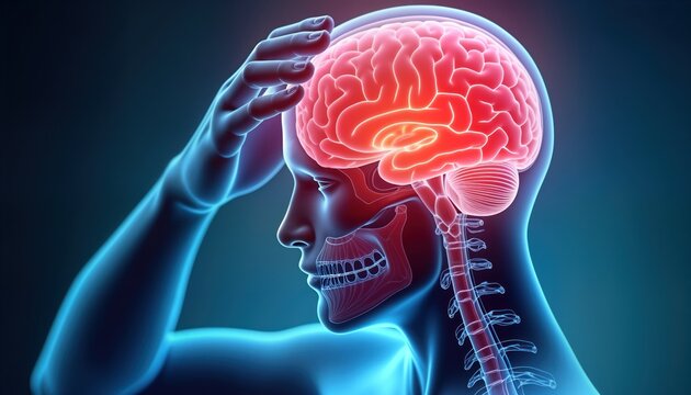 3D illustration of person with highlighted brain, skull structure. Person appears to experiencing head pain. Anatomical diagram physical therapy support for traumatic brain injury recovery. Expert