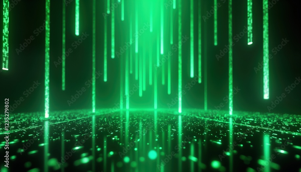 Aufkleber Abstract neon green digital rain cascades down dark background. Data flow virtual reality concept. Futuristic tech background design. Stream of light glows. Visualizes information. Cyberpunk pattern.