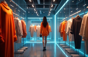 Woman explore virtual fashion tech store. Walks through digital dressing room. Colorful clothes on racks. Modern shopping experience. Interactive display. Future of e-commerce. Online clothes shop.