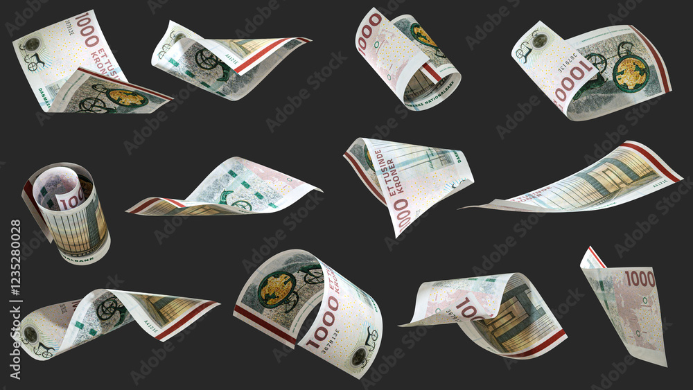 Aufkleber 3D rendering of Danish Krone notes flying in different angles and orientations isolated on dark background
