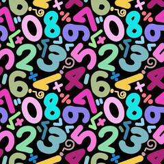 A vibrant and colorful seamless pattern featuring hand-drawn numbers and mathematical symbols in various playful hues like pink, blue, green, and yellow, set against a black background. 
