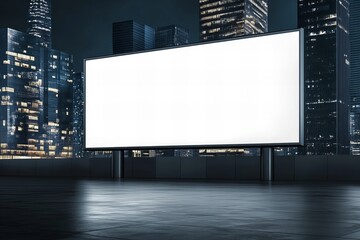Large illuminated blank billboard on a rooftop with a modern city skyline at night, perfect for advertisements, branding, or digital media