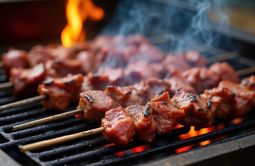 Charred beef skewers cooking on a barbecue grill. Meat pieces show grill marks. Food is ready to eat. Smoke is rising from the hot grill. Outdoor cooking scene. Summer day.