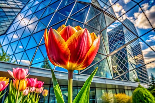 Double-Flowered Tulipa Monsella Tulip Blooming in Architectural Setting