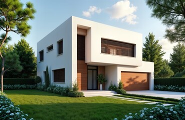 Stylish modern house exterior. Suburban residence with lovely garden. House contemporary design with white facade. Wooden accents complement architecture. Paved pathway leads to entrance porch.