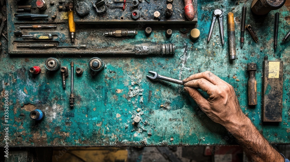 Aufkleber a weathered workbench displays various tools and a hand