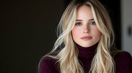 Fototapeta premium Blonde woman portrait, turtleneck, indoor, dark background, beauty
