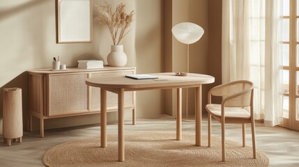 Light Wooden Home Office Desk Setup With Chair And Cabinet