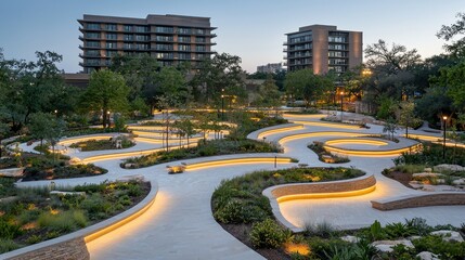 Illuminated Landscape Design Featuring Winding Pathways and Seating Areas