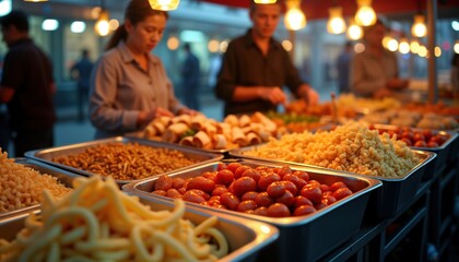 Street food market scene busy with vendors selling diverse international cuisines. Close-up view of food stalls brimming with different types of Asian snacks, treats. People gathering around vendors.