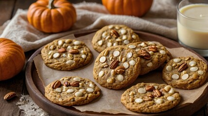Close-Up Horizontal Shot of Autumn-Inspired Pumpkin Cookies with White Chocolate Chips and Nuts on Rustic Table