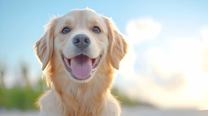 Obraz premium Happy golden retriever puppy smiling and looking directly at the camera outdoors on a sunny day.
