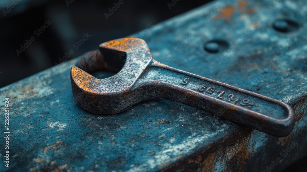 Aufkleber rusty wrench resting on a weathered metal surface