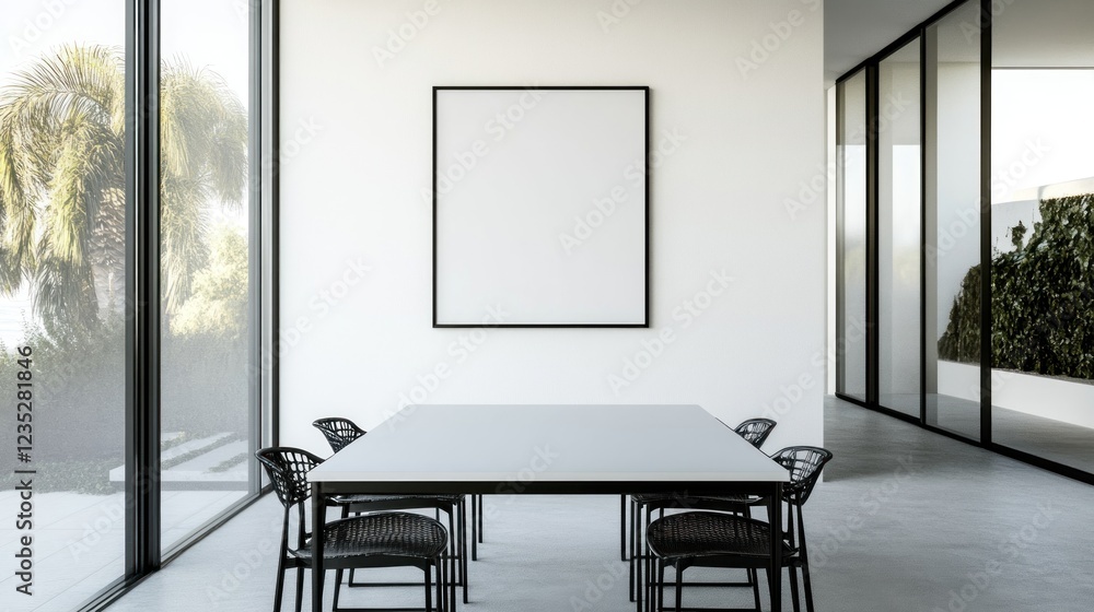 Poster modern dining room with blank artwork and large windows