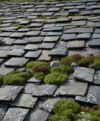 Closeup of slate roof tiles with moss and lichen, natural stone decay, outdoor surface