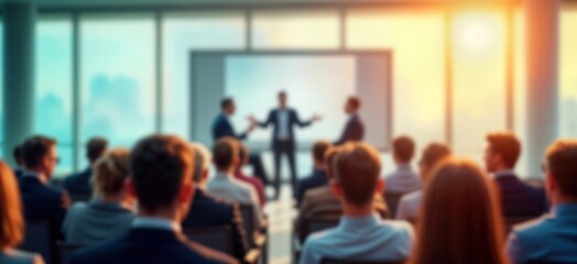 Business experts give presentation to audience in modern conference hall. Attendees listen attentively to speakers on stage. Blurred background suggests large room with windows urban view. Likely