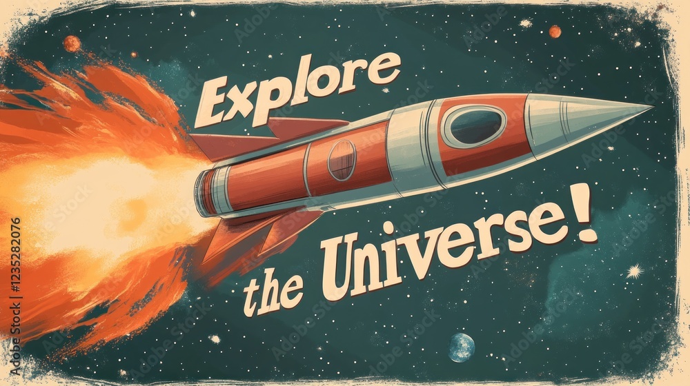 Poster retro rocket launching into space exploring the universe