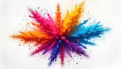 Colorful holi powder explosion fills frame. Vivid rainbow colors create dynamic burst. Generative AI tech created vibrant hues against white background. Perfect for celebration design abstract art.