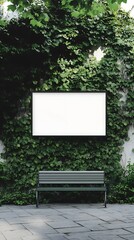 A blank billboard framed by lush green ivy and a bench in a serene outdoor setting.