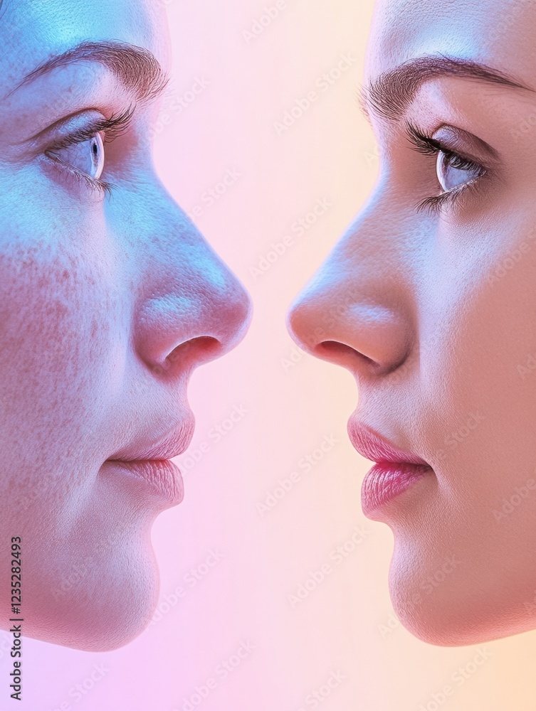 Poster Contrast of youth and aging in close up faces highlighting diverse skin textures and features. Generative AI