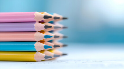 Fototapeta premium Stack of colorful wooden pencils arranged neatly on a desk with a soft blue background.