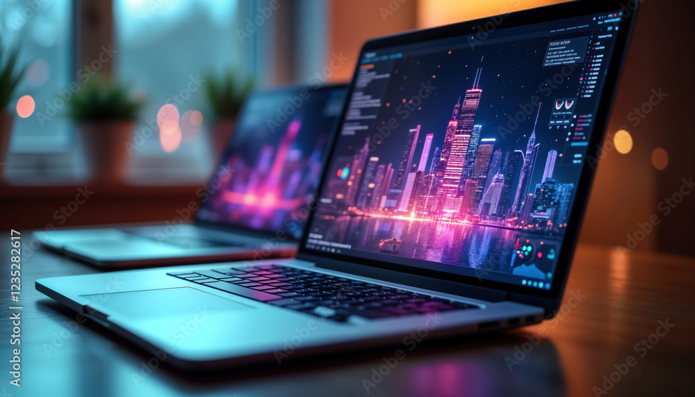 Poster Two laptops open display vivid city at night. Modern tech for app development, ui design. Laptops feature responsive ui design, tech solutions. Coding software programming. Innovation in software