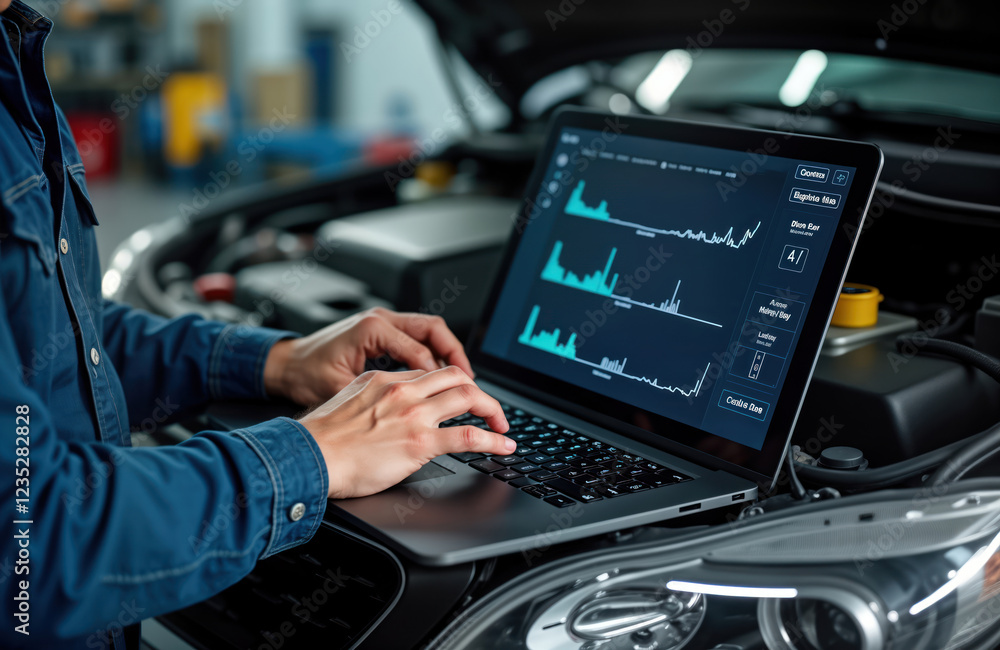 Poster Auto mechanic uses laptop to diagnose car engine in garage. Modern diagnostic program used to check car engine problems. Pro service. Mechanic works on vehicle. Repair, maintenance of car. Tech
