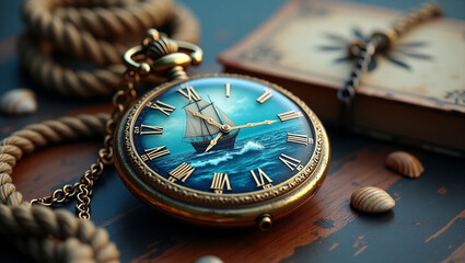 A vintage pocket watch features a detailed sailboat illustration on its dial, blending nautical charm with classic timepiece elegance.