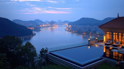 Fototapeta premium Luxury Villa Infinity Pool Overlooking City Lights