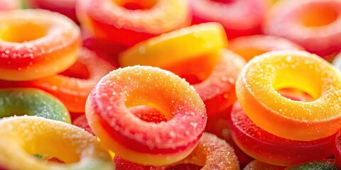 Gummy Peach Rings Close Up, High Depth of Field, Delicious Dessert